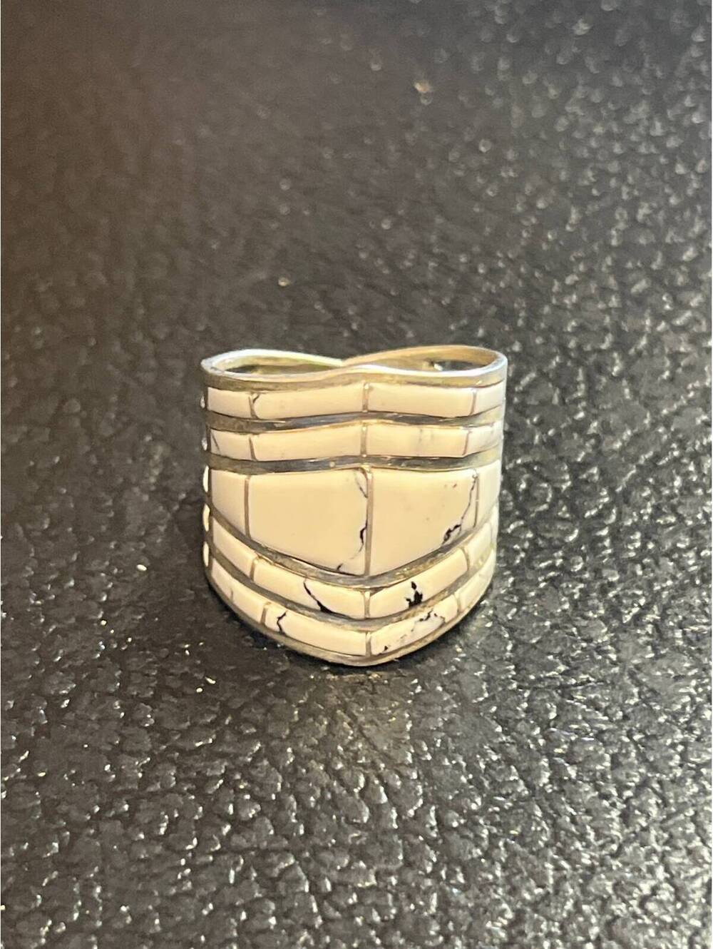 Navajo handmade inlay white buffalo sterling silver inlay ring size 8